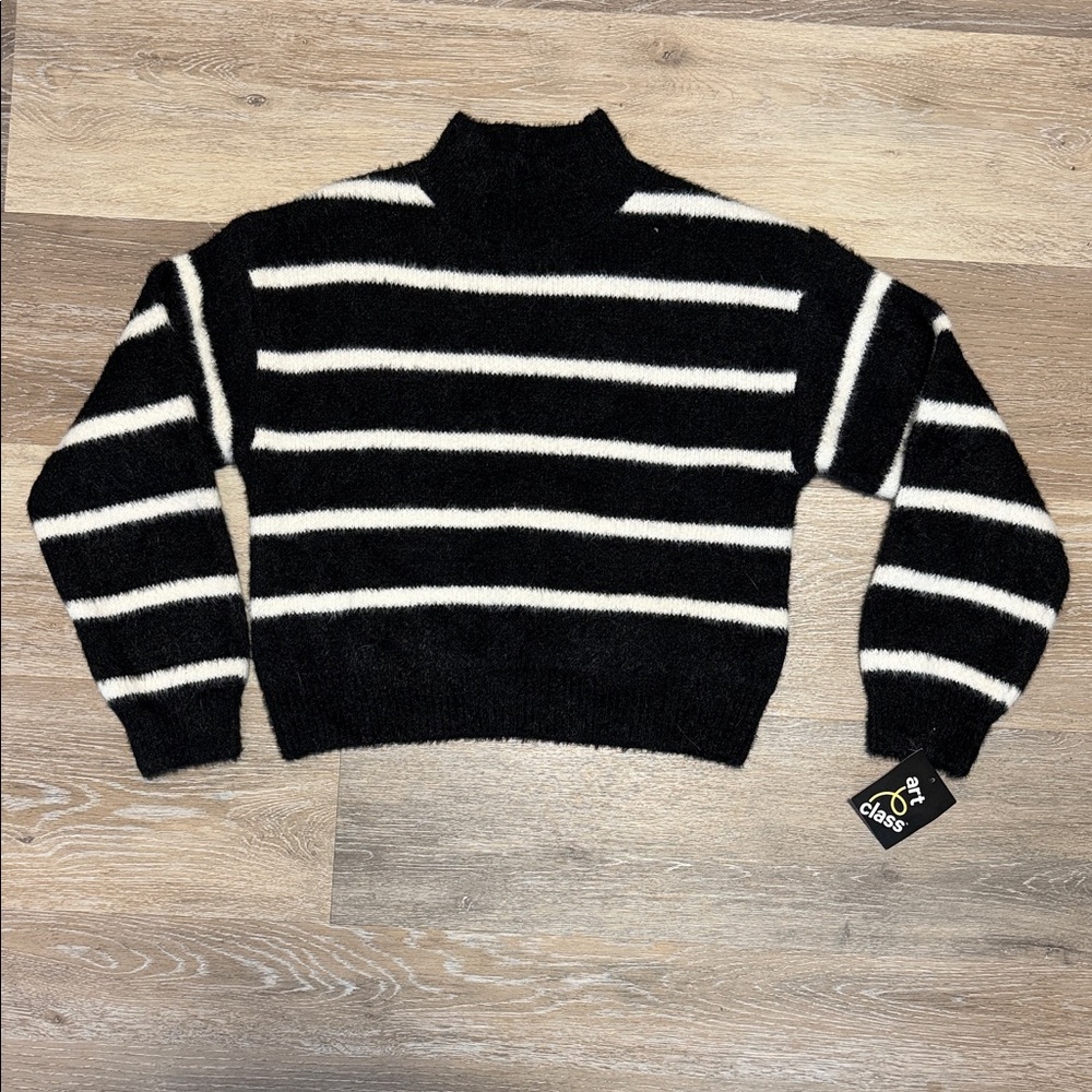 Black & White Striped Mock Neck Sweater